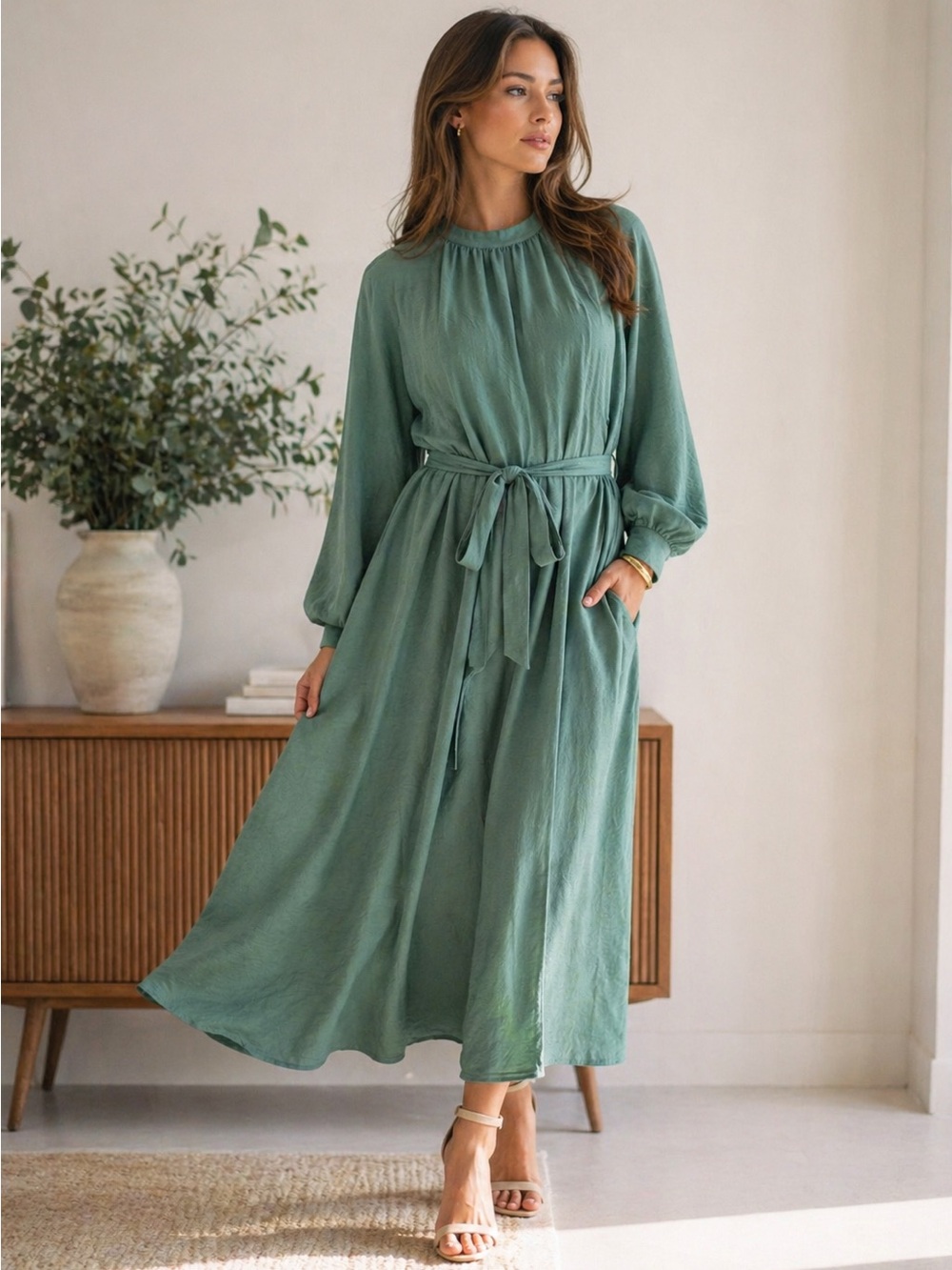 Elegant Sage Long-Sleeve Midi Dress with Tie Waist